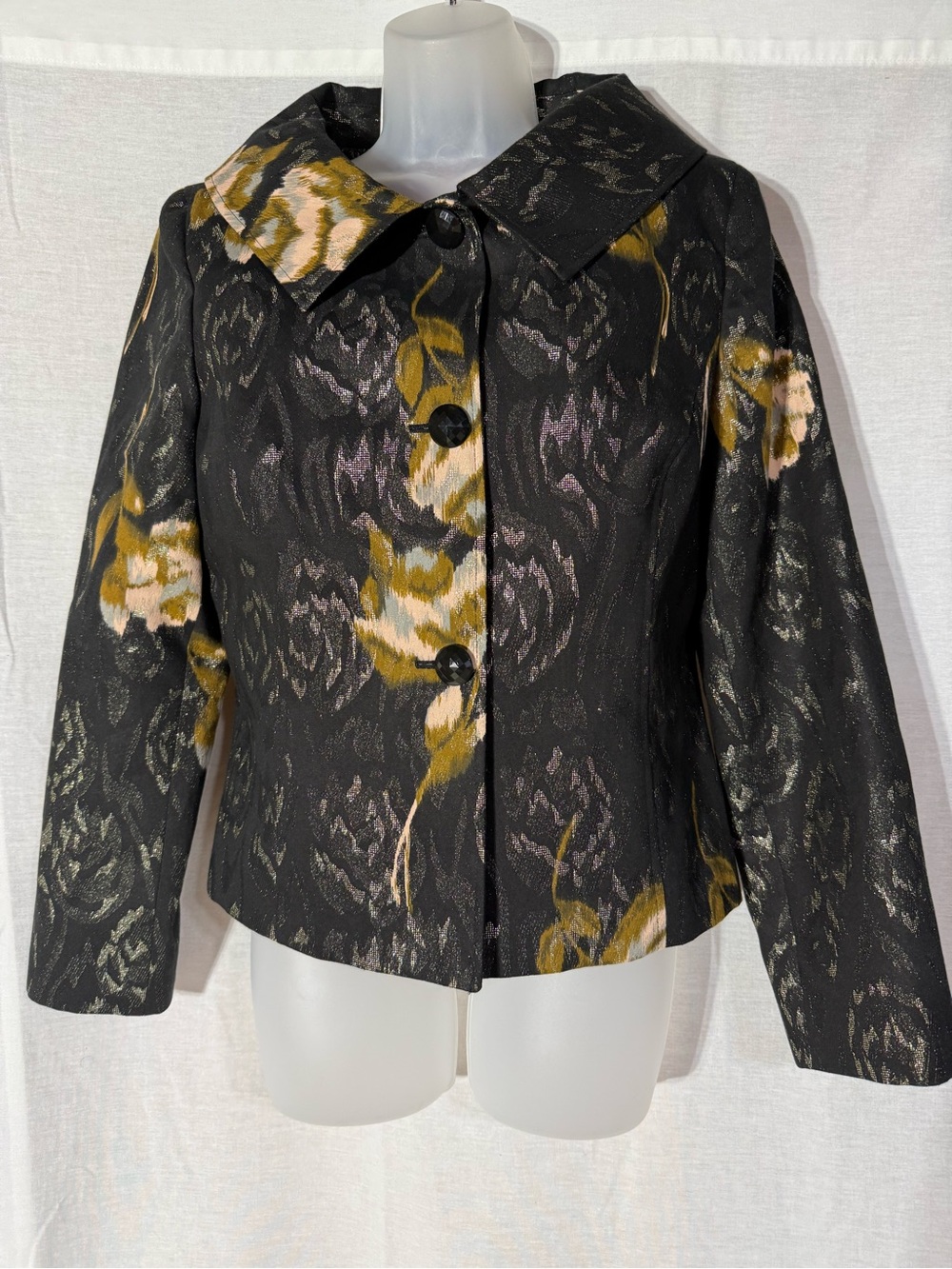 Bandolino Black Floral Brocade Jacket with Gold Accents Size 10